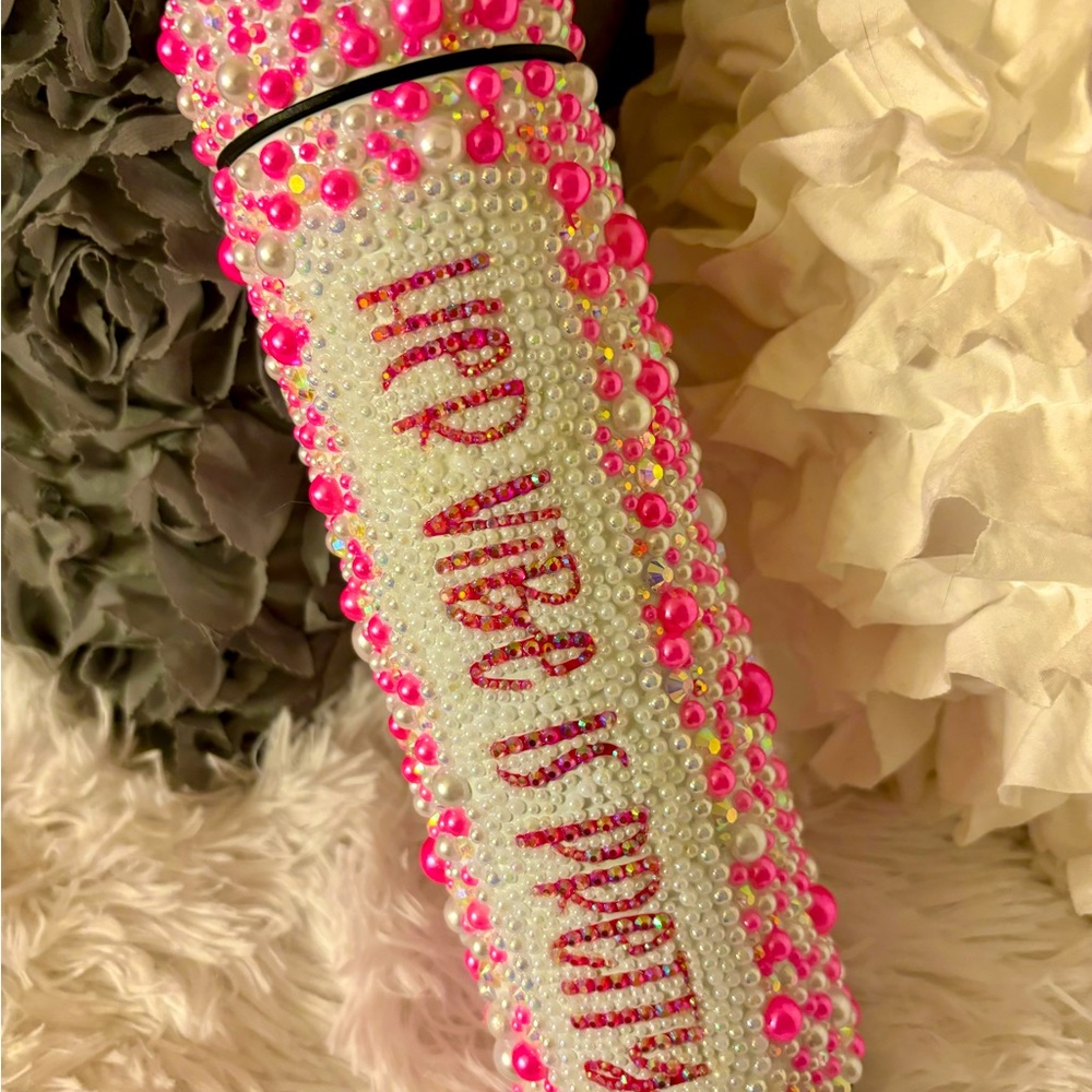 Hand blinged pink and white pearl and rhinestone cup